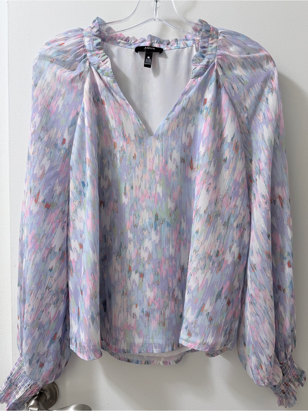Aqua Pastel Watercolor V-Neck Long-Sleeve Blouse